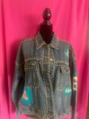 Studded Denim Jean Jacket with Teal Dolphins Accents